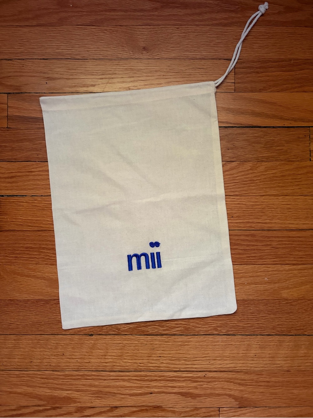 Mii Drawstring Cotton Canvas Duster Beige Tan with Blue Logo Bag 11*15 Shoe Bag